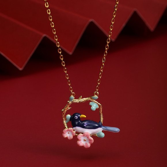 Gold Vermeil Gold layered over Sterling Silver Enamel Bird Necklace flower Chain - Picture 5 of 5